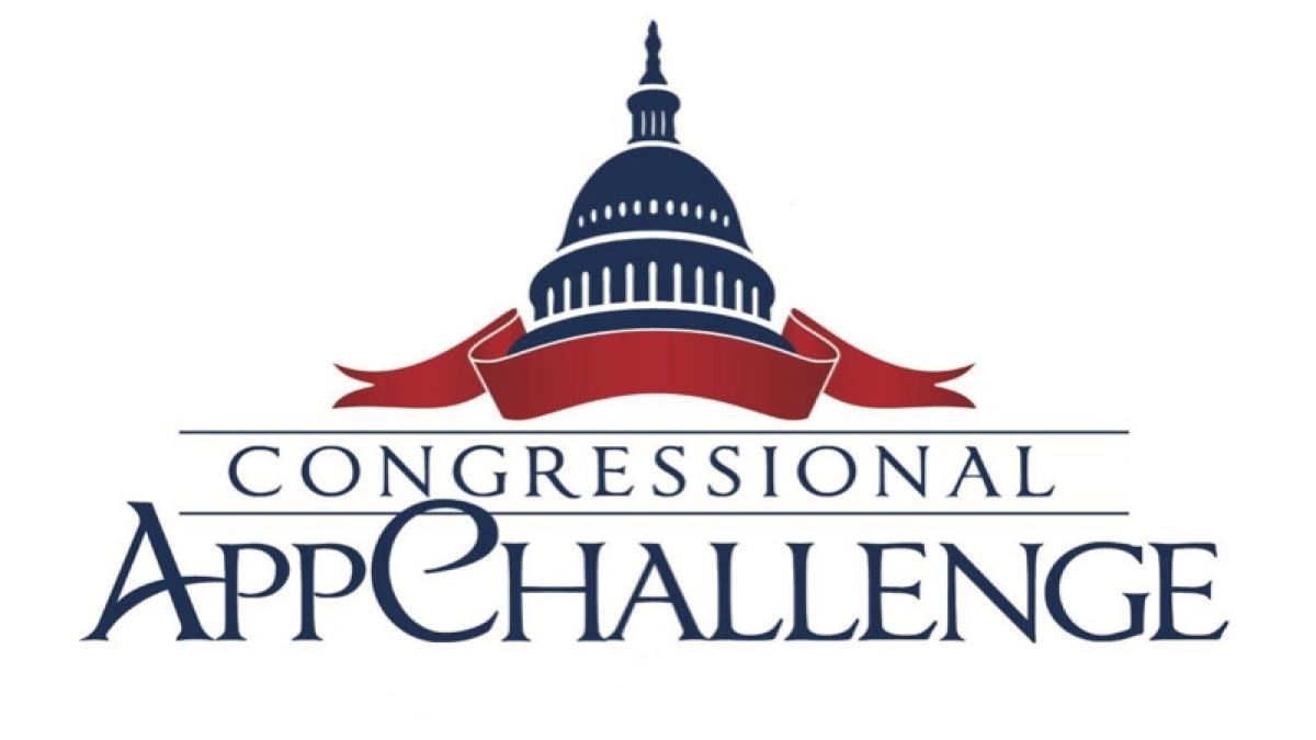 Congressional App Challenge logo. navy blue dome with a red ribbon on front with the text Congressional App Challenge below them.