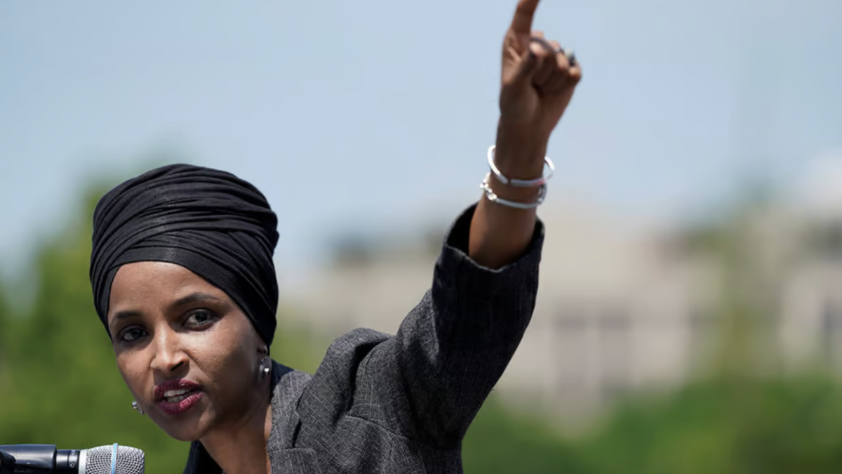 Ilhan Omar calls on Congress to censure Donald Trump at a rally on Capitol Hill in April.