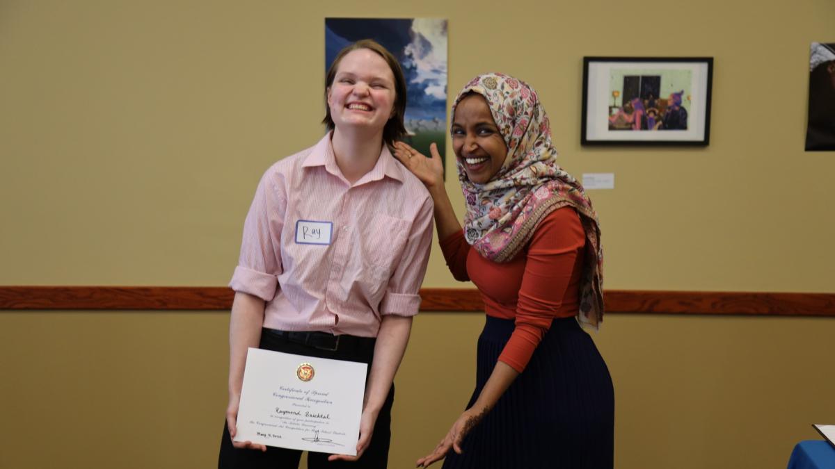 Rep. Omar with last year's art competition winner